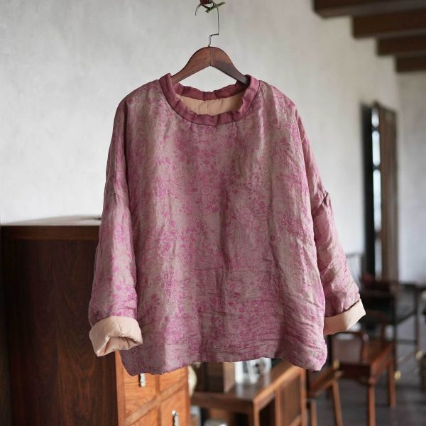 燕燕~秋冬新款 苧麻夾棉 數位印花高領棉衣 文藝休閒棉服上衣 