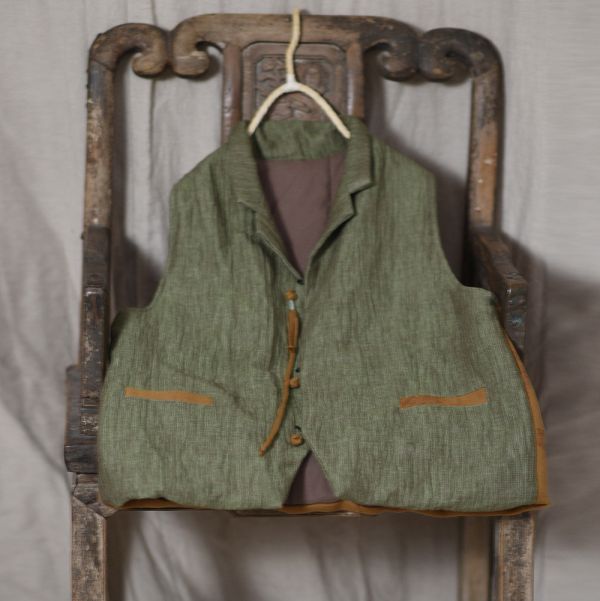 燕燕~秋冬款 棉麻女撞色小西服 文藝盤扣保暖背心 