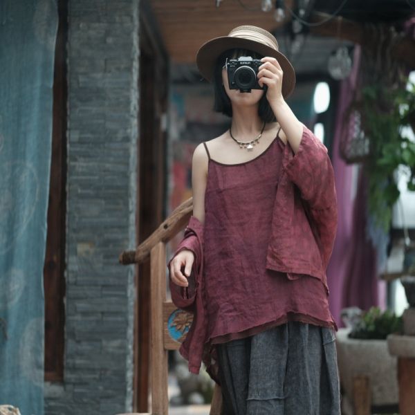 燕燕~春季新款 苧麻. 寬鬆吊帶毛邊背心。ab205001 