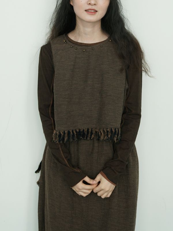 燕燕~秋冬款！復古色織棉麻個性毛邊 流蘇背心 ab2435501 