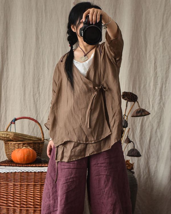 燕燕~棉麻商品 輕薄款 苧麻材質 斜襟開衫繫帶上衣 長袖棉麻衫 