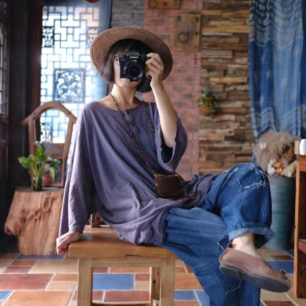 燕燕~針織棉。復古做舊雪花洗 不對稱寬鬆禪意大T恤 上衣 ab198401 