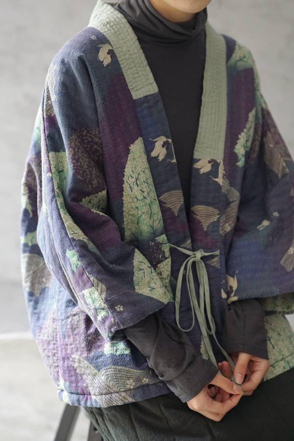 燕燕 秋冬款 數碼印花設計 寬鬆棉衣夾棉外套 和風斜襟茶服外套 ab020601 
