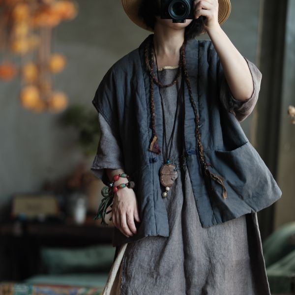 燕燕~棉麻商品~純亞麻  衍線寬鬆百搭落肩夾棉坎肩背心棉麻杉  an192901 