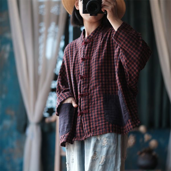 燕燕~棉麻商品~文藝復古民國風寬鬆小格小衫 襯衫 ab203301 