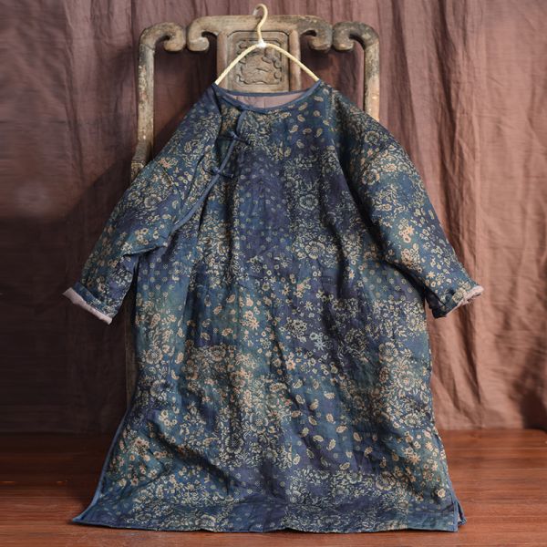 燕燕~棉麻商品~秋冬款 亞麻 印花斜襟盤扣文藝加長棉袍 寬鬆保暖棉衣上衣 連身裙 