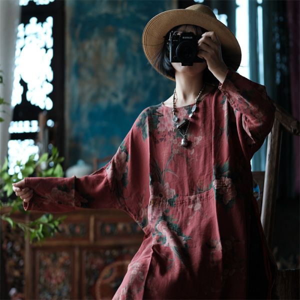 燕燕~棉麻商品~復古紅花側高側抽繩長袍上衣 連身裙。ab151001 