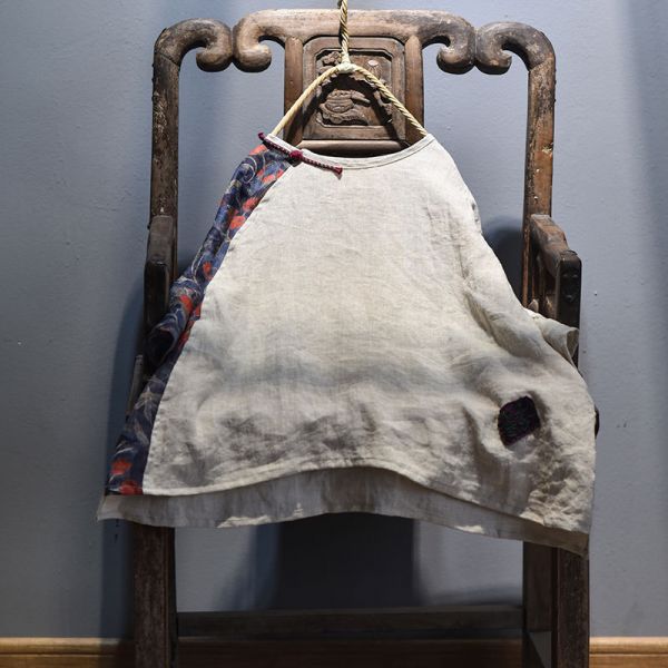 燕燕~棉麻商品~亞麻材質 拼布斜襟盤扣上衣 七分袖棉麻衫 