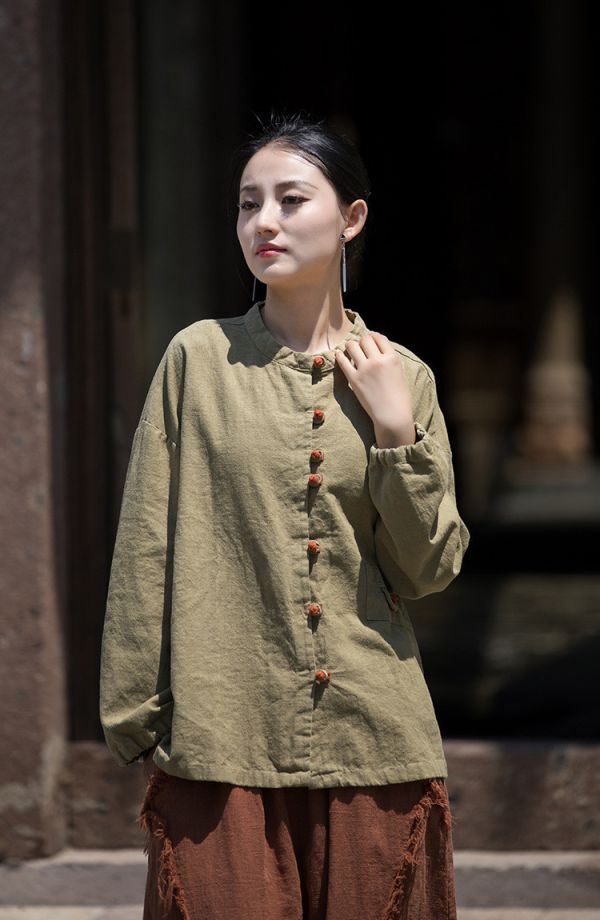 燕燕~秋冬新品～苧麻拼色盤扣對襟開衫上衣外套 