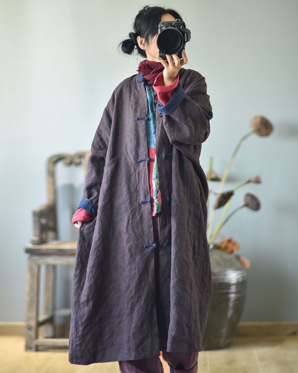 燕燕~春秋款 亞麻.  水洗做舊復古手工盤扣長袍 風衣外套 