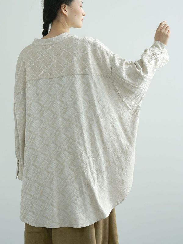 燕燕~早春款～新中式簡約提花襯衫 復古立領寬鬆蝙蝠袖長上衣 ab2503401 