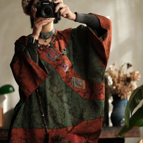 燕燕~棉麻商品~拼色復古文藝做舊人絲寬鬆大袖口中長斜襟襯衫 開襟衫 ab227801 