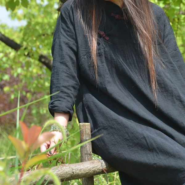燕燕～～秋冬款  手工盤扣斜襟復古洋裝 棉麻長裙 連身裙 