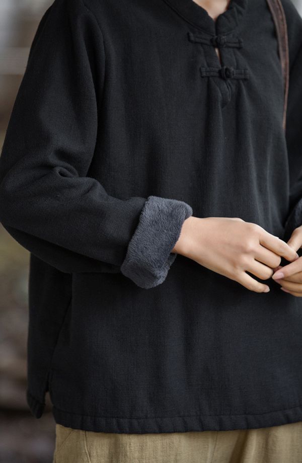 燕燕~秋冬新款 苧麻加絨加厚打底衫 盤扣復古文藝上衣T恤 (加絨加厚設計） 