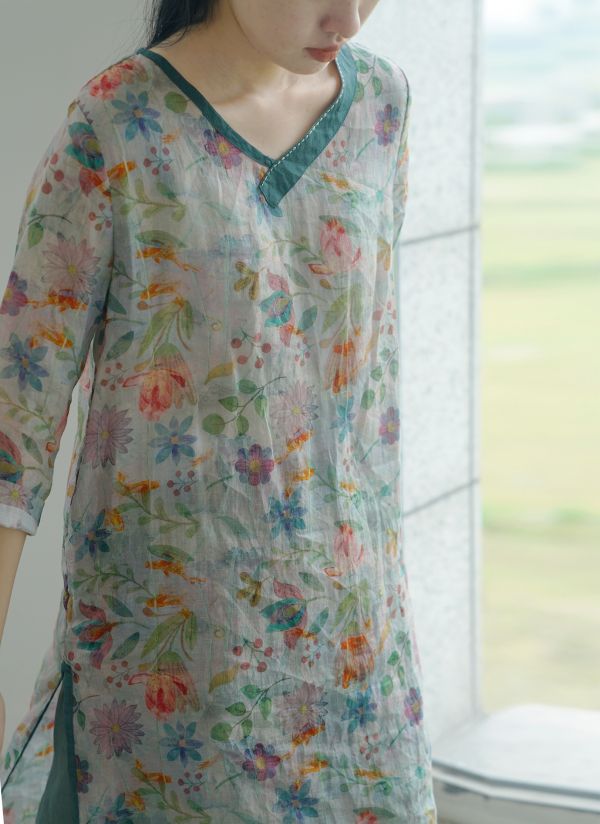 燕燕~苧麻 文藝數碼印花修身 洋裝 連身裙 ab2219501 