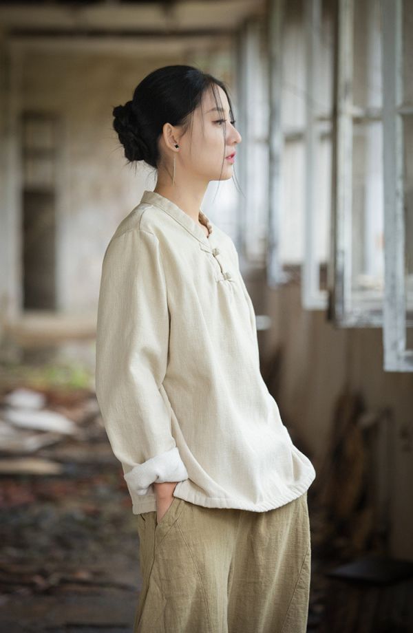 燕燕~秋冬新款 苧麻加絨加厚打底衫 盤扣復古文藝上衣T恤 (加絨加厚設計） 