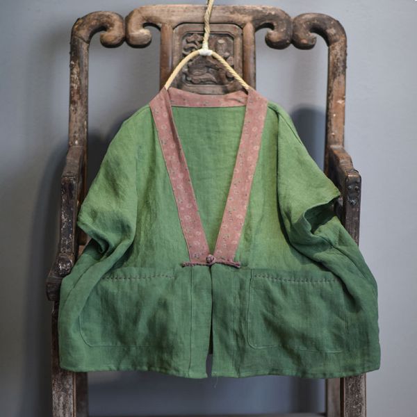 特價款 燕燕~棉麻商品~日系森林系~春秋款 亞麻材質 撞色寬鬆手工盤扣上衣 短袖棉麻衫 可當外套 