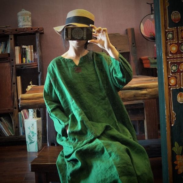 燕燕~棉麻商品~純亞麻  水洗文藝復古手工繡花寬鬆大袍 洋裝 連身裙 