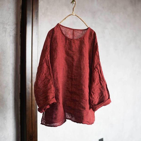 燕燕~ 四季款 色織亞麻文藝復古圓領上衣 