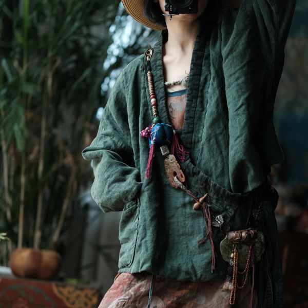 燕燕~秋冬新款 亞麻 手工重工炒色斜襟繫帶棉衣外套  ab181401 