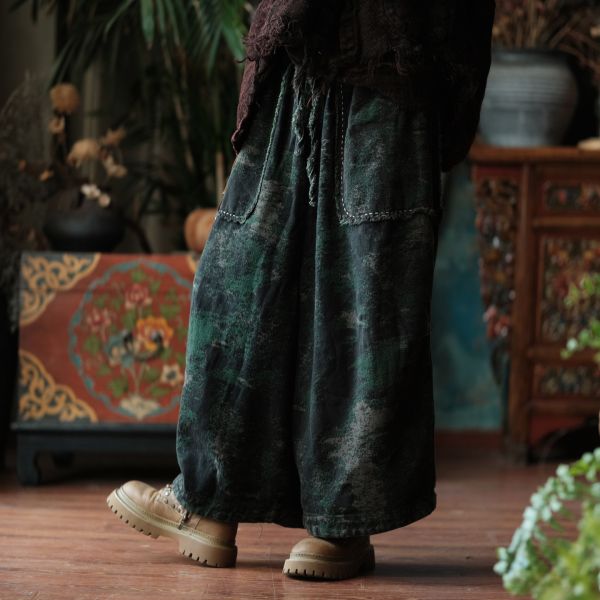 燕燕~秋冬新款 復古保暖休閒褲 設計感中式文藝加厚麻棉提花闊腿褲 ab080301 