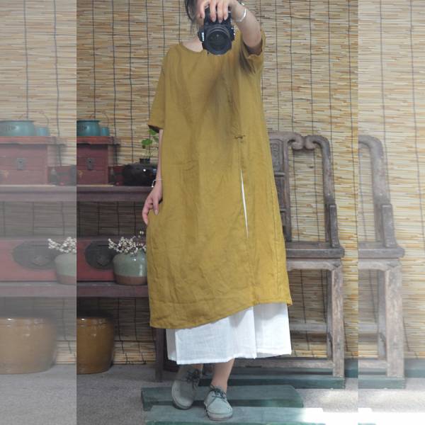 燕燕~夏款 苧麻材質 復古盤扣旗袍圓領洋裝 連身裙 