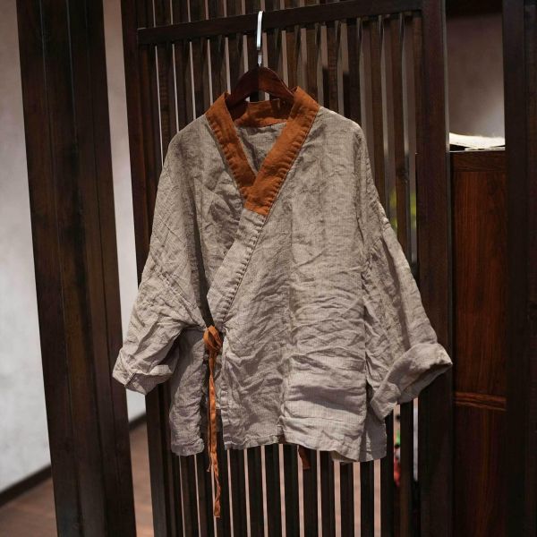 燕燕~寬鬆版型 高品質色織條紋亞麻 傳統中式交領上衣 外套 