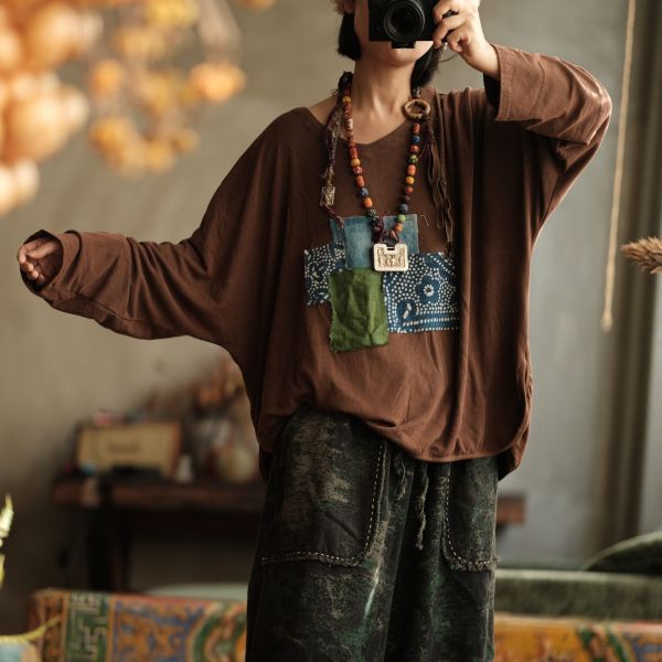 燕燕~秋冬新款 設計女裝文藝復古純棉寬鬆打底貼布T恤 HX011801 