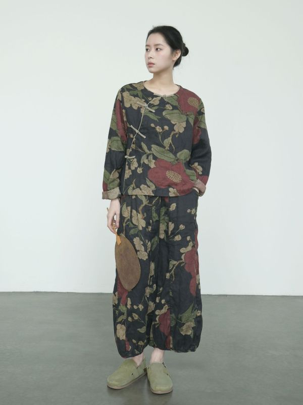 燕燕~亞麻 復古繁花圓領襯衫 民族感大氣斜襟盤扣上衣  ab2409301 