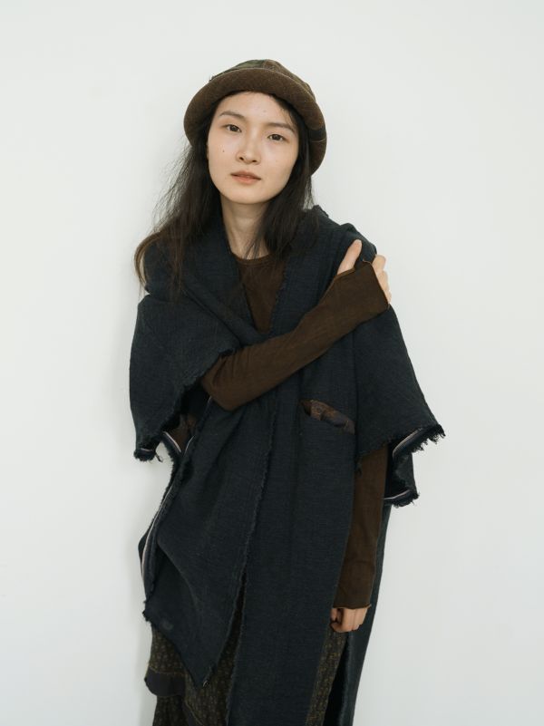 燕燕~秋款 復古色織沙礫披肩長外套 復古毛邊做舊隨性長外套 ab2430801 