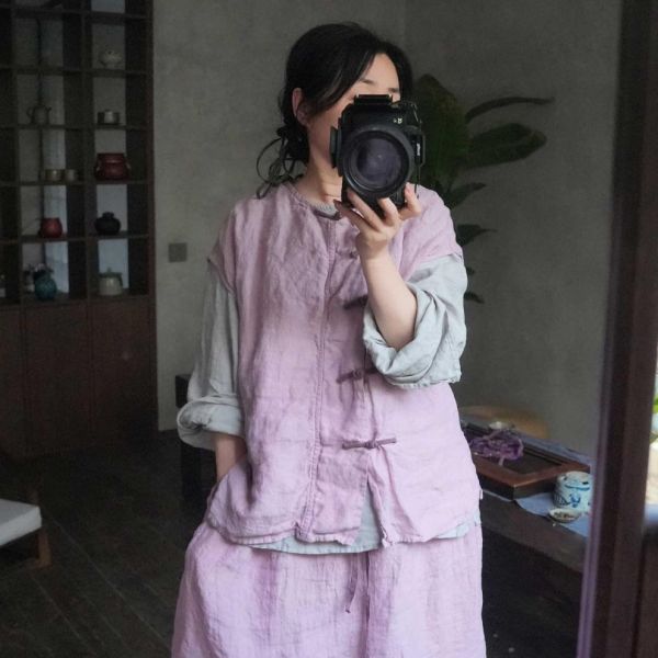 燕燕~高品質色織亞麻亞麻寬鬆休閒無袖背心 可加購長裙配一整套 