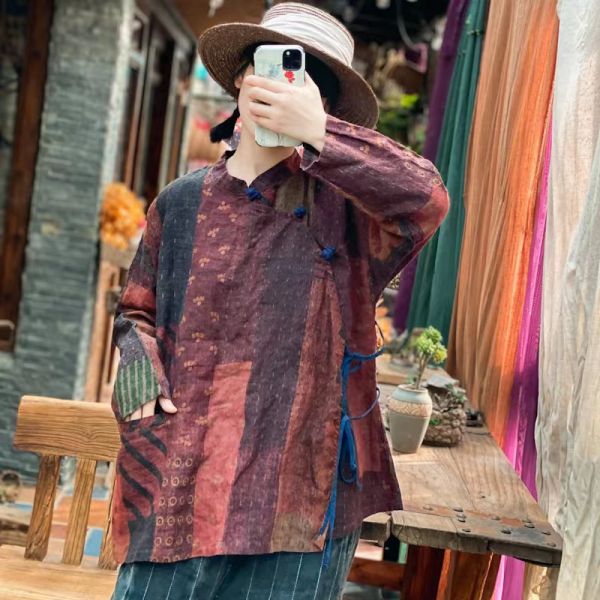 燕燕~棉麻商品~改良立領盤扣繫帶復古文藝懷舊小衫 上衣 長袖棉麻衫 ab202401 