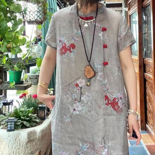 燕燕～純苧麻 文藝復古印花手工盤扣寬鬆 洋裝 連身裙  ab185901 