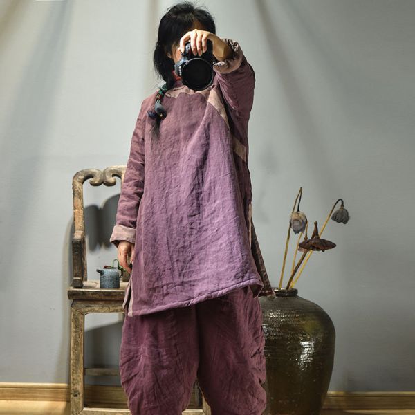 燕燕棉麻～亞麻材質 中長款棉衣上衣 拼布斜襟盤扣文藝棉茶服長袖棉麻衫 