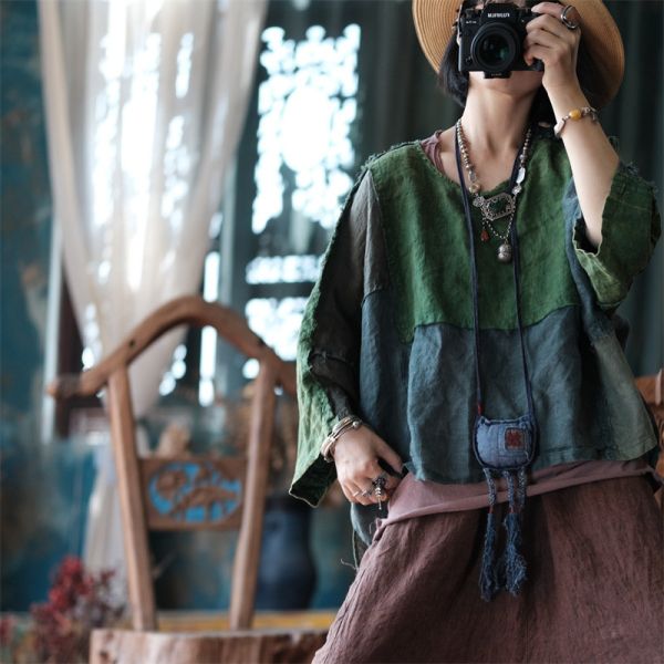 燕燕~秋季新款 純麻  毛邊圓領開叉寬鬆拼接麻衫 上衣 長袖棉麻衫  ab208901 