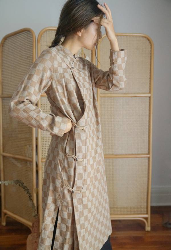 燕燕棉麻～亞麻 立領斜襟格紋長旗袍 顯瘦雙層旗袍 洋裝 連身裙 ab2128501 