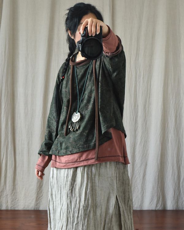 燕燕~數位印花圓領棉麻針織T恤 文藝圓領寬鬆短上衣 