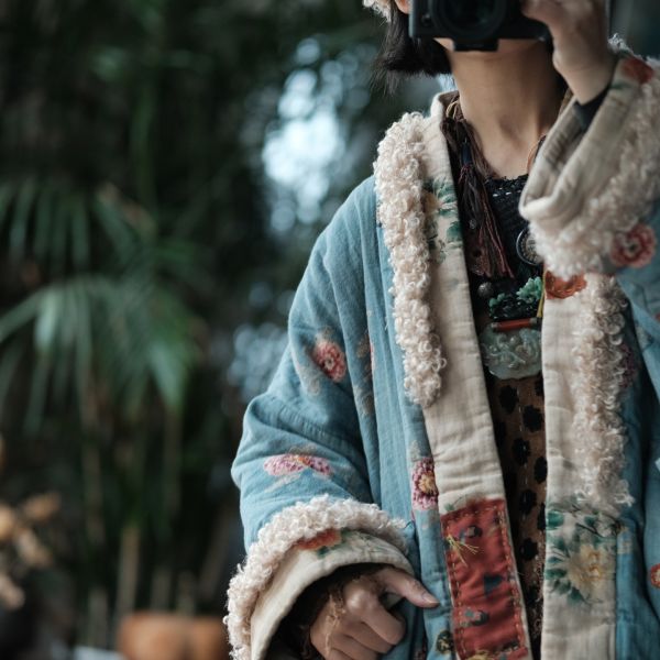 燕燕～復古文藝羊羔絨拼接印花寬鬆棉衣外套 ab226601 