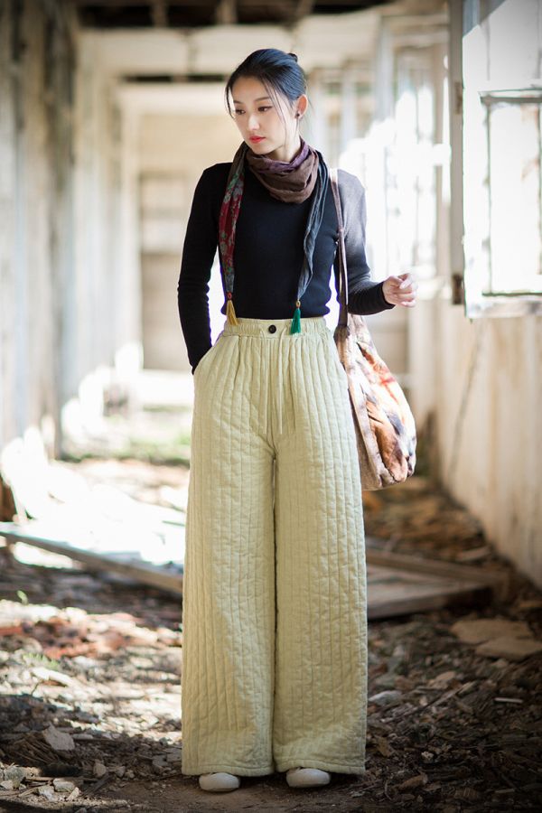 燕燕~冬季新品 苧麻夾棉豎格絎縫闊腿褲 加厚保暖高級感棉褲 