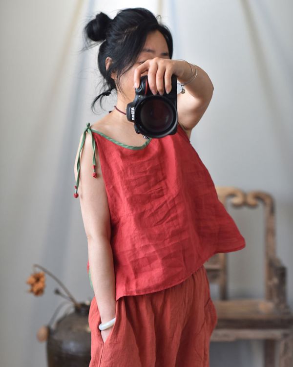 燕燕~春秋款 純苧麻 撞色盤扣吊帶背心 