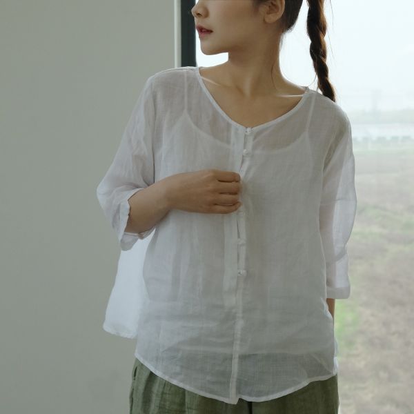 燕燕~薄透苧麻 盤扣寬鬆襯衫 防曬衣 茶服上衣   ab2309501 