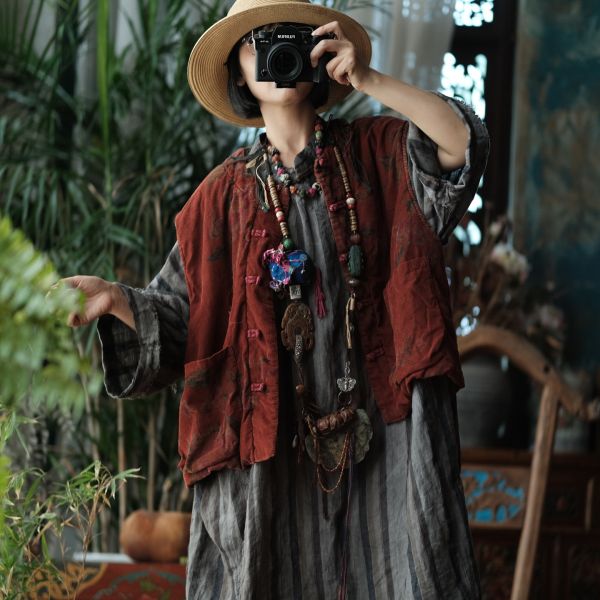 燕燕~復古文藝數位印花夾棉對襟棉背心 ab214401 