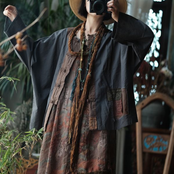 燕燕~亞麻~復古盤扣炒色做舊拼接長袖襯衫 上衣 外套 ab203301 