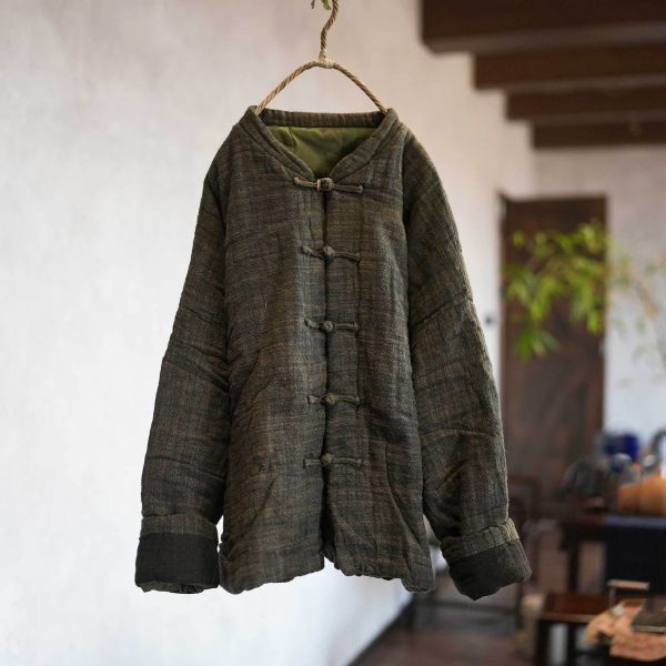 燕燕！手工盤扣 成衣水洗 高品質色織亞麻 加厚大版寬鬆盤扣棉襖外套 ab446101 