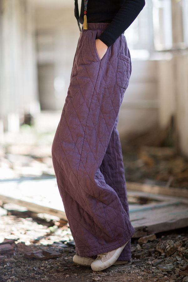 燕燕~冬季新款 苧麻夾棉菱格絎縫長褲  加厚保暖文藝直筒棉褲 