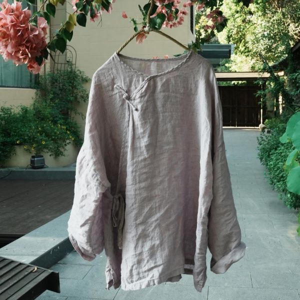 燕燕~斜襟盤扣寬鬆文藝新中式上衣色織亞麻茶服上衣 ab448701 