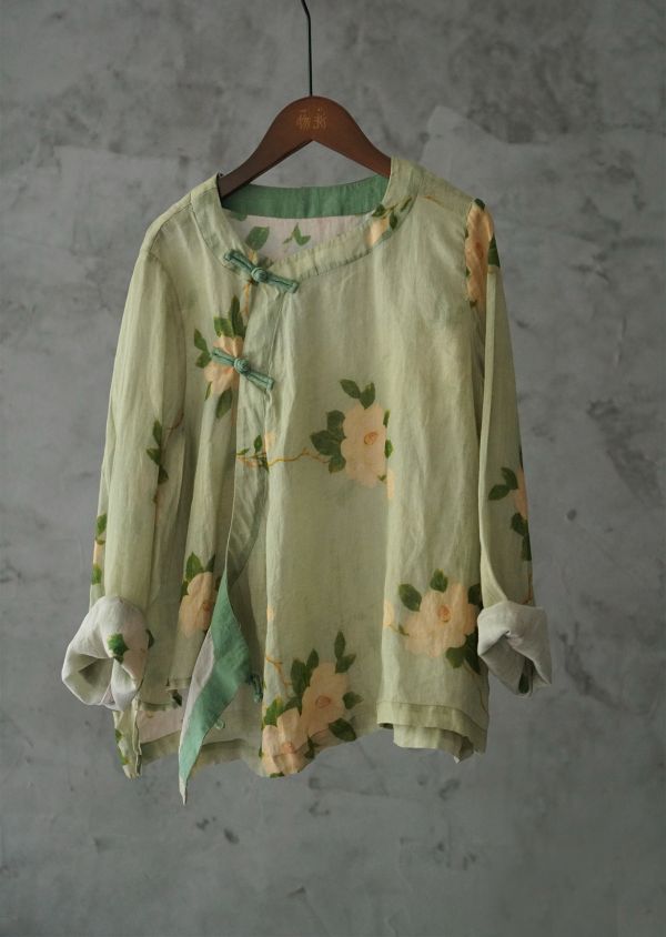 燕燕~苧麻 斜襟數碼印花襯衫 文藝茶服玉蘭上衣. ab2221001 