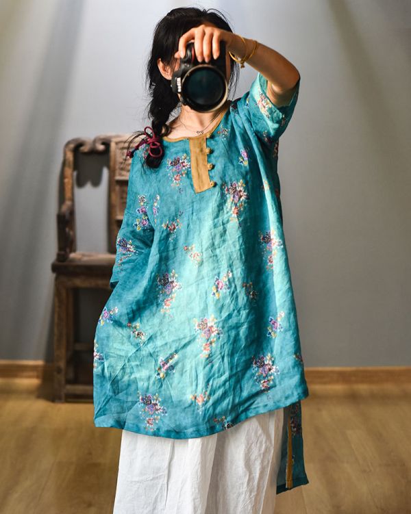 燕燕~棉麻商品~純苧麻材質 數碼印花盤扣中長款前短後長上衣 洋裝 連身裙 