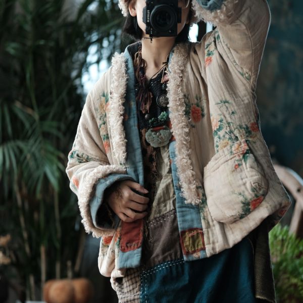 燕燕～復古文藝羊羔絨拼接印花寬鬆棉衣外套 ab226601 