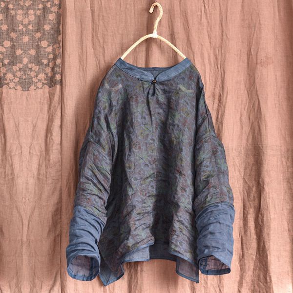 燕燕~棉麻商品~苧麻 香雲紗印花款  禪意茶服 襯衫 藍上衣 